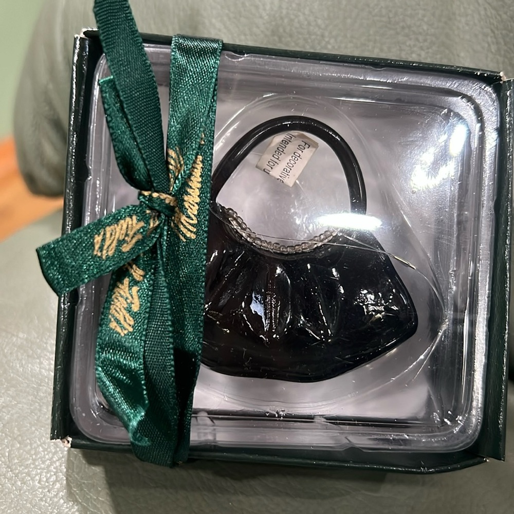 Marshall Fields glass black purse ornament.